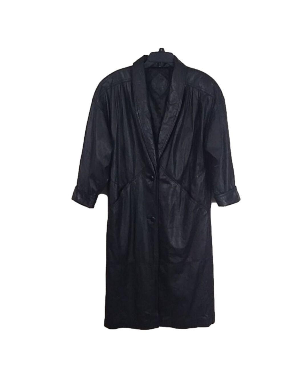Jacqueline Ferrar Black Genuine Leather Shawl Collar Button Front Trench Coat